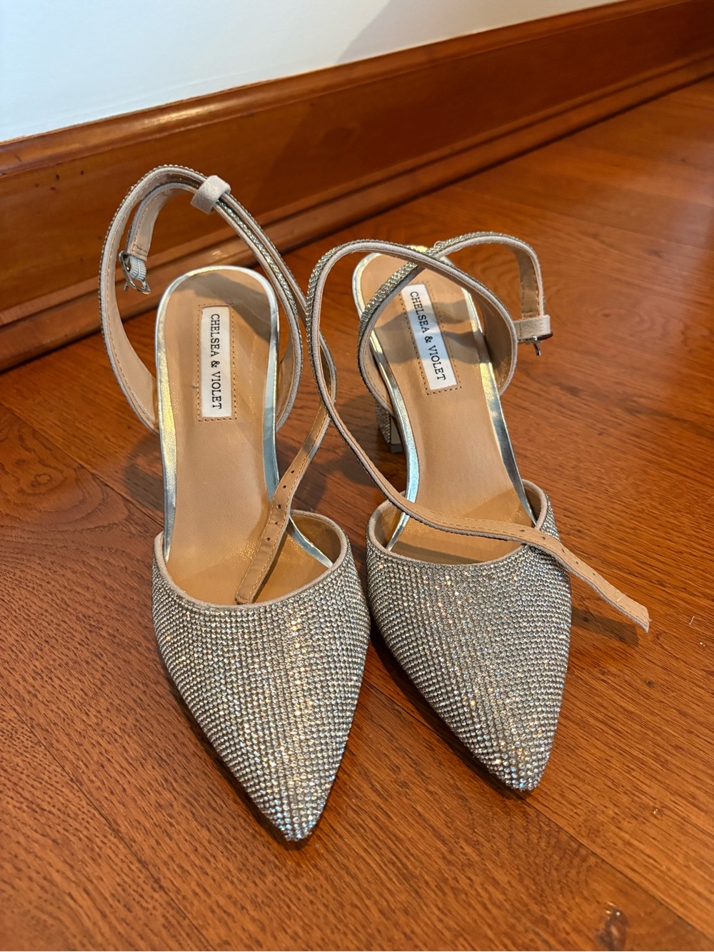 Chelsea & Violet Silver Crystal Pointed Slingback Heels